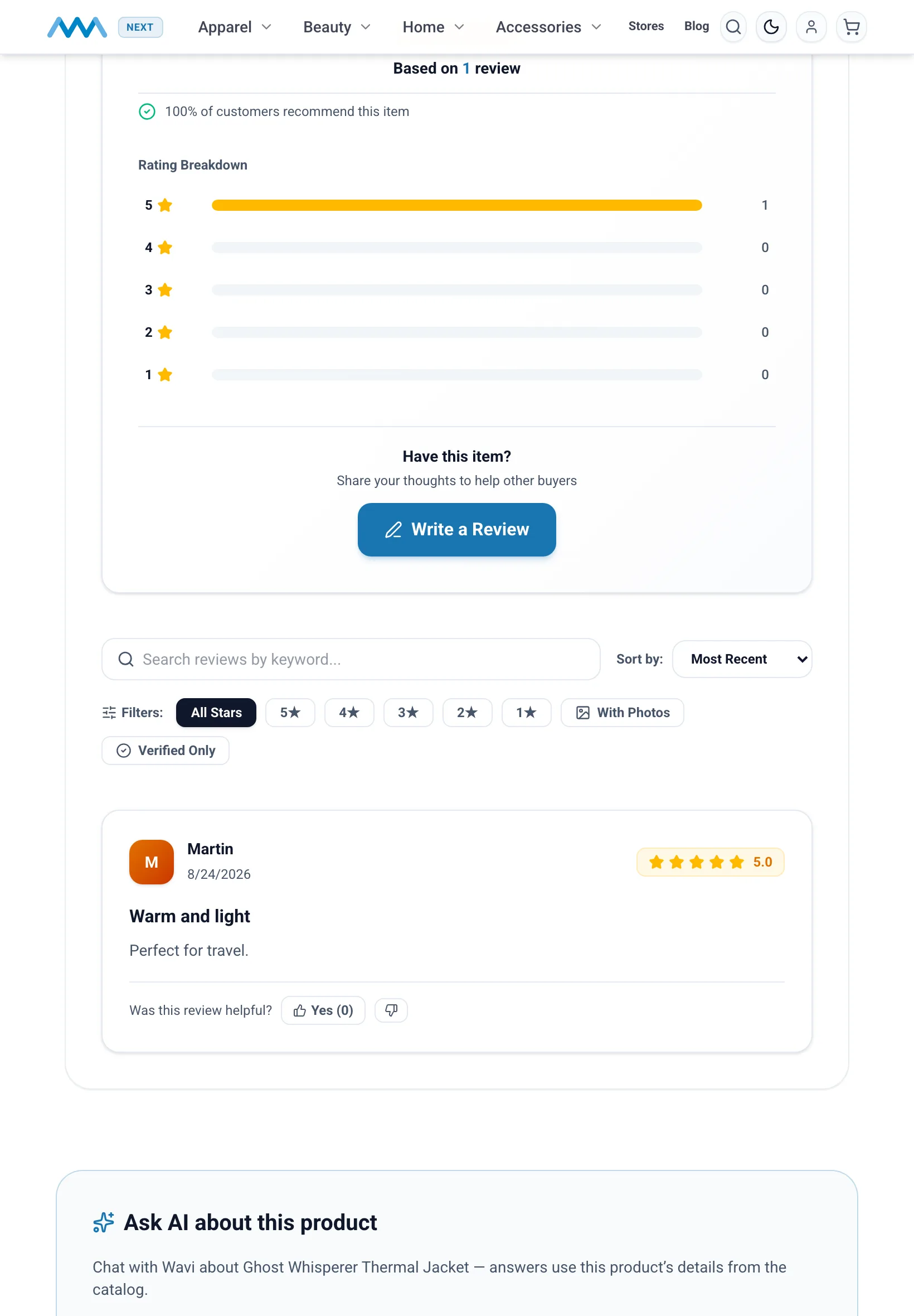 Reviews with a rating breakdown on a product page on tablet