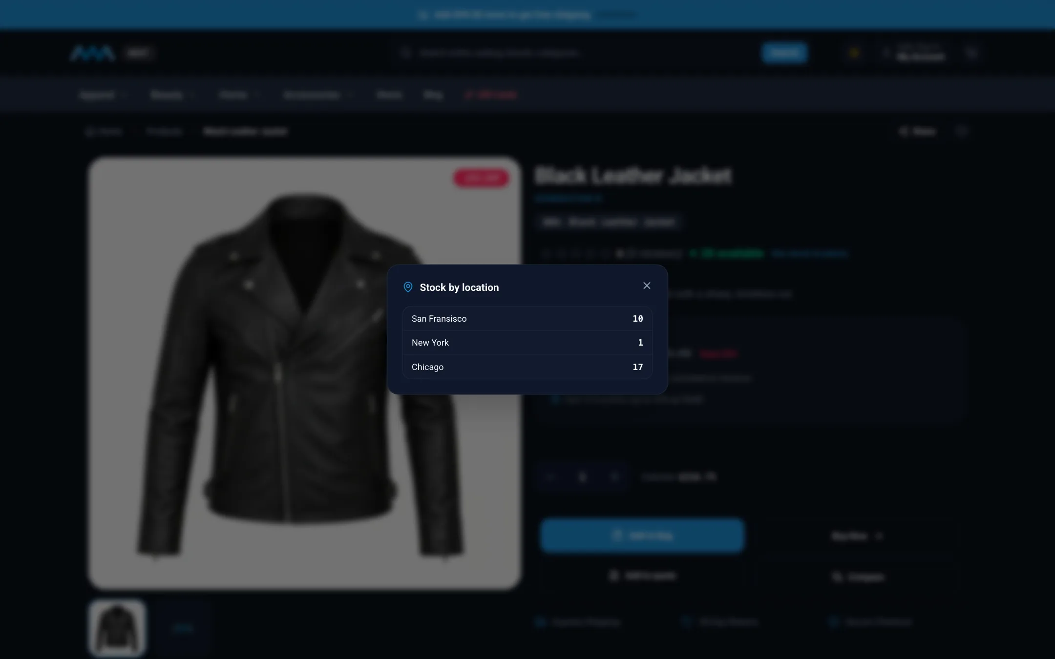 Stock by location panel on a product page on desktop in dark mode