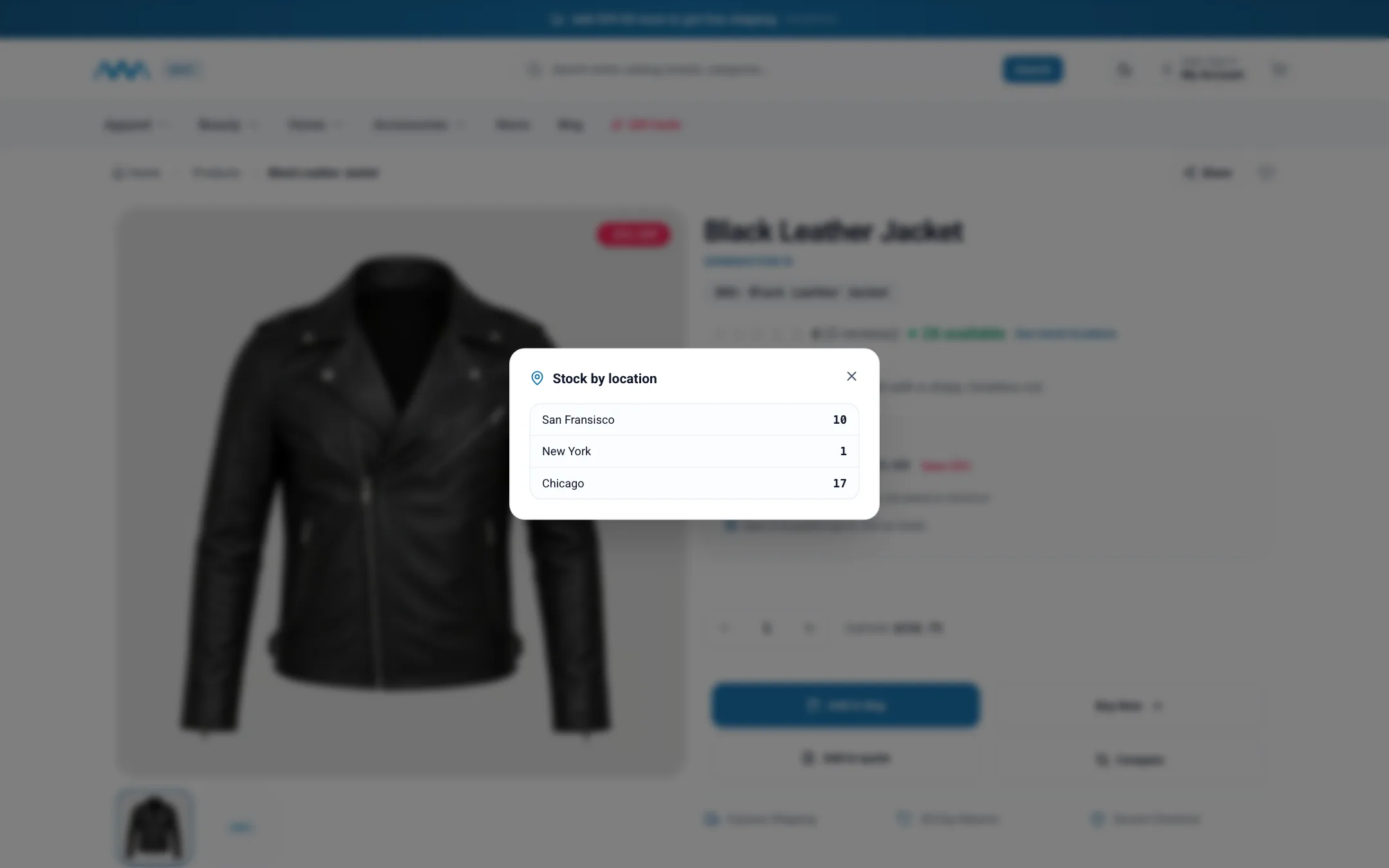 Stock by location panel on a product page on desktop