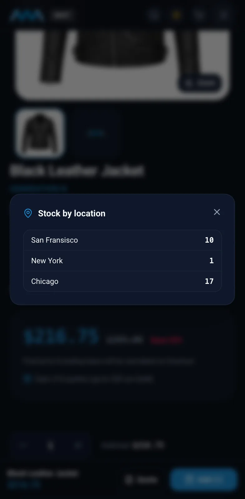 Stock by location panel on a product page on mobile in dark mode