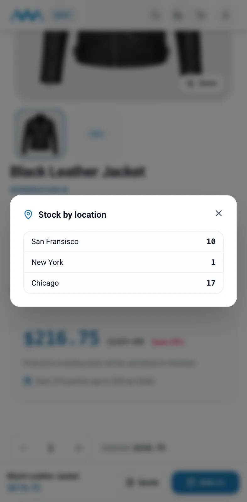 Stock by location panel on a product page on mobile