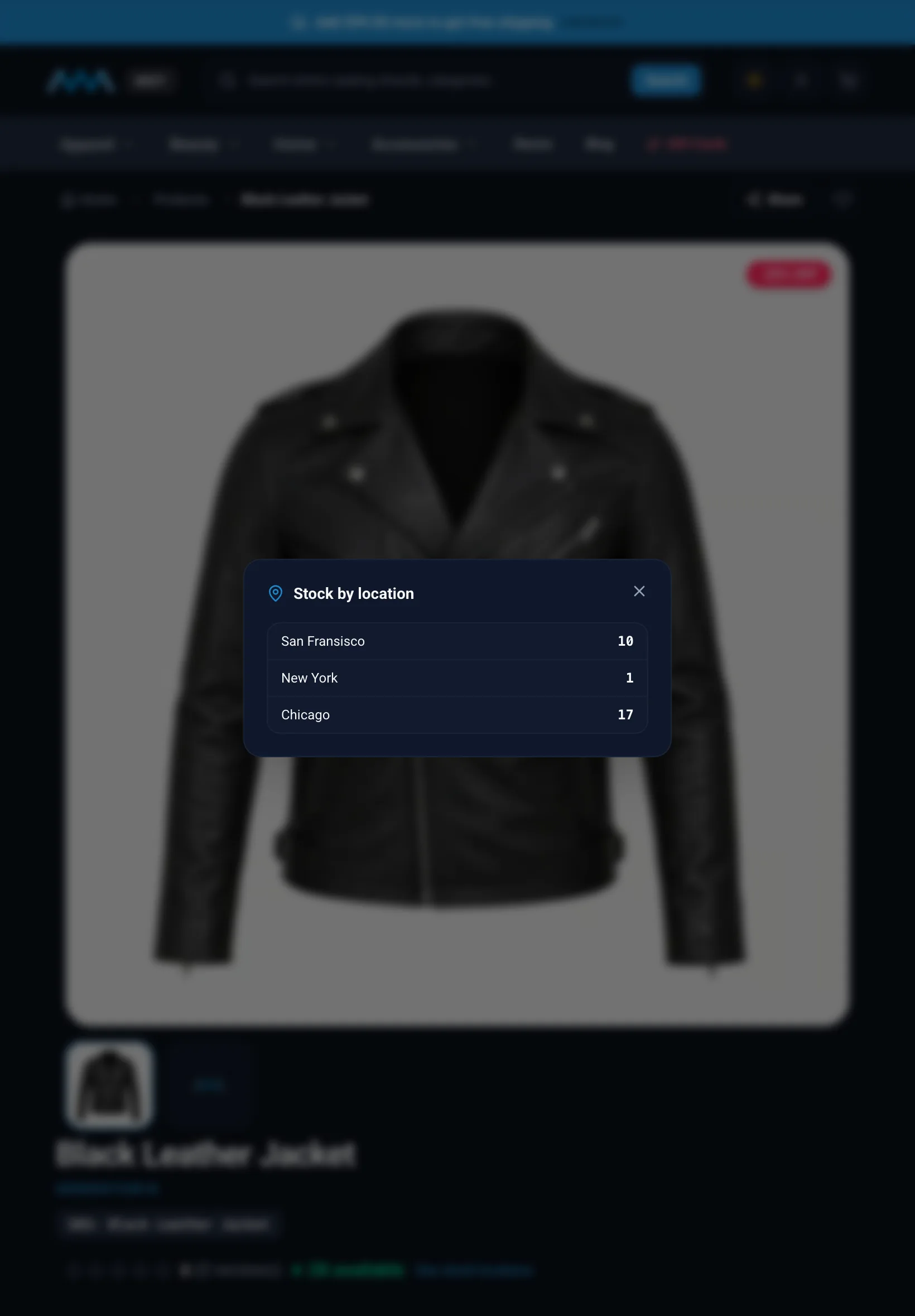 Stock by location panel on a product page on tablet in dark mode