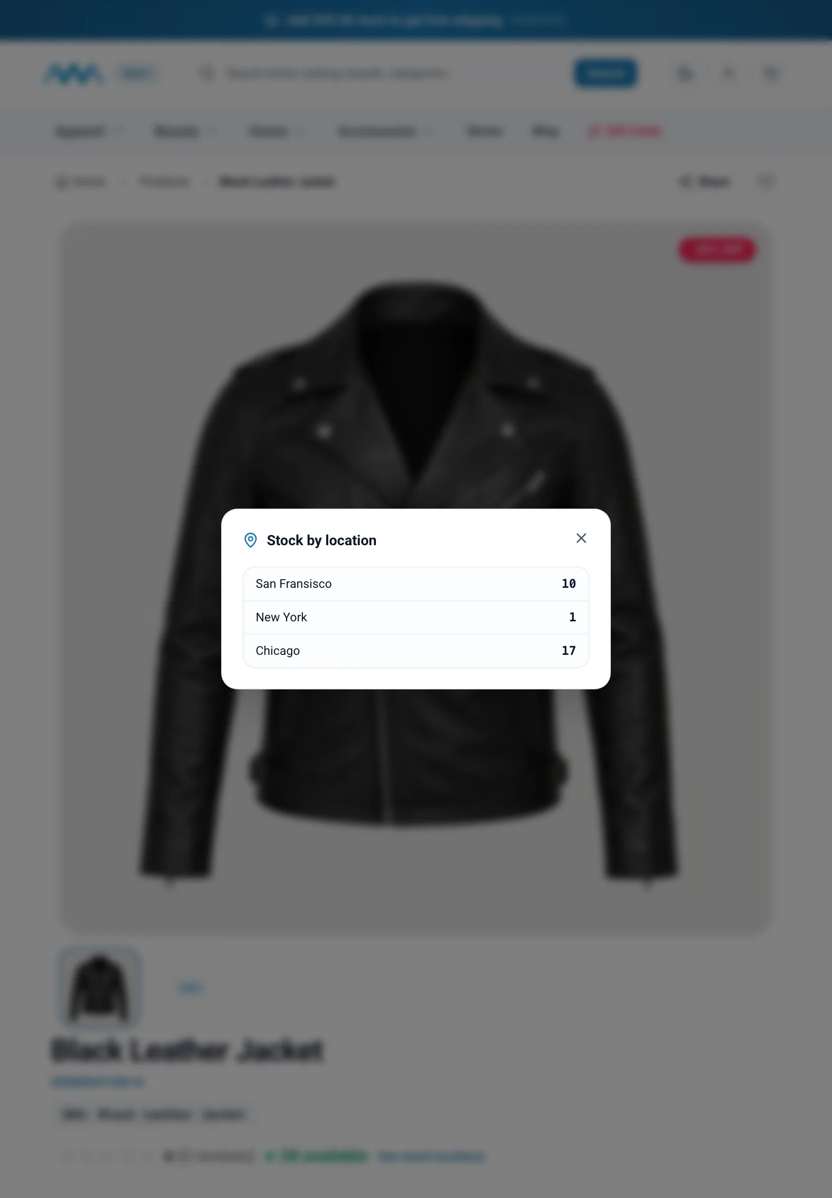 Stock by location panel on a product page on tablet