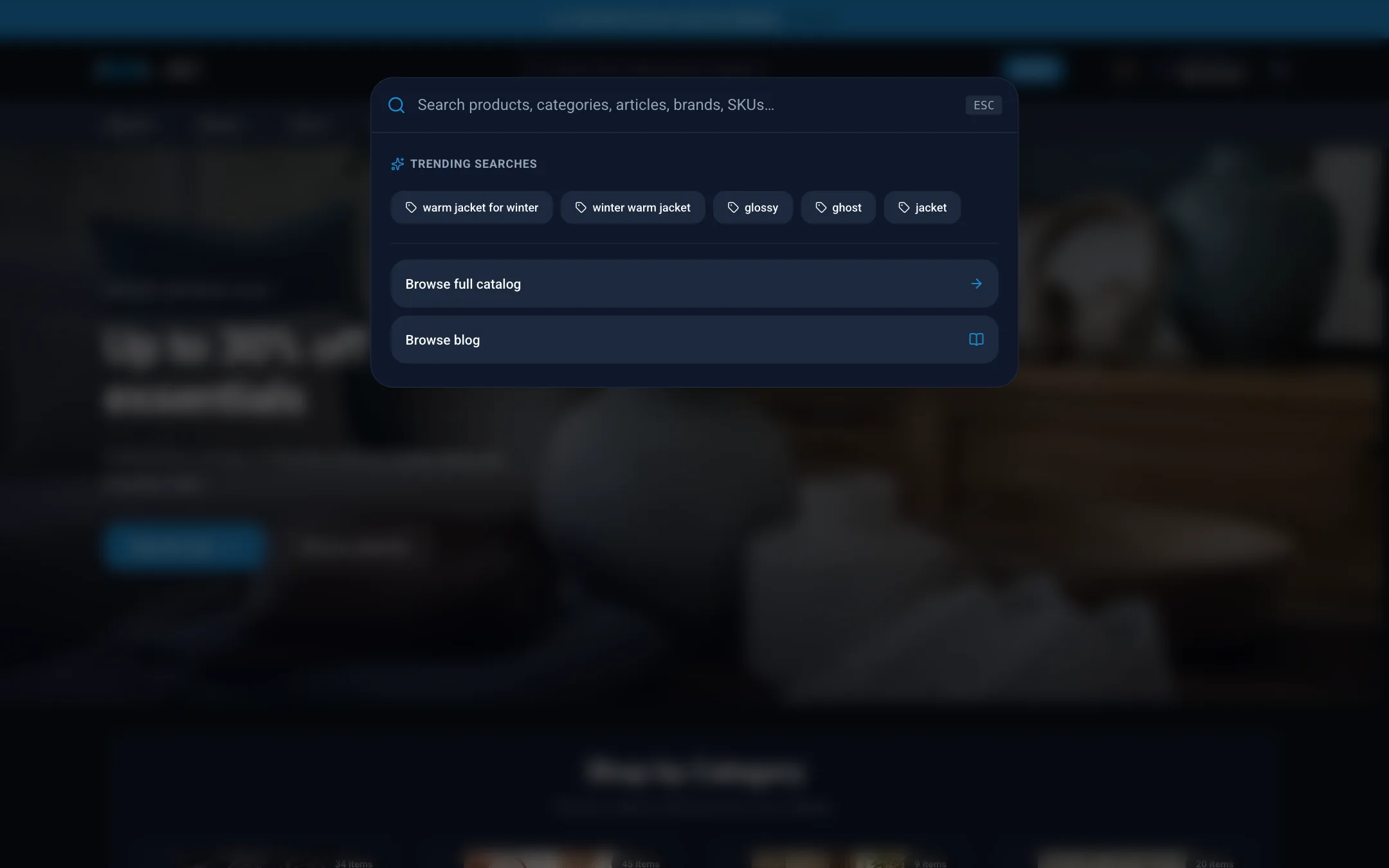 Search window with trending searches on desktop in dark mode