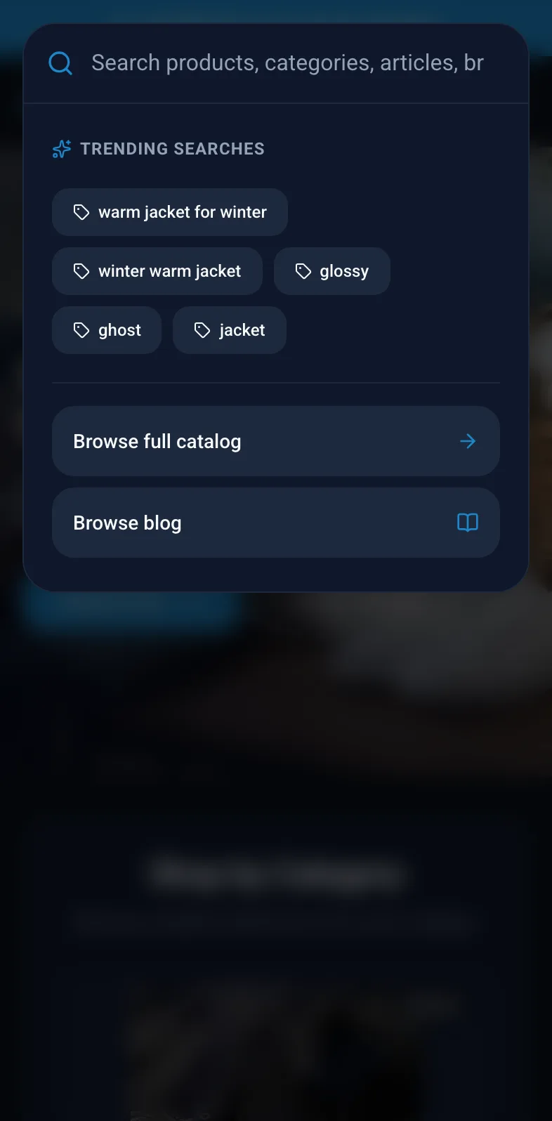 Search window with trending searches on mobile in dark mode