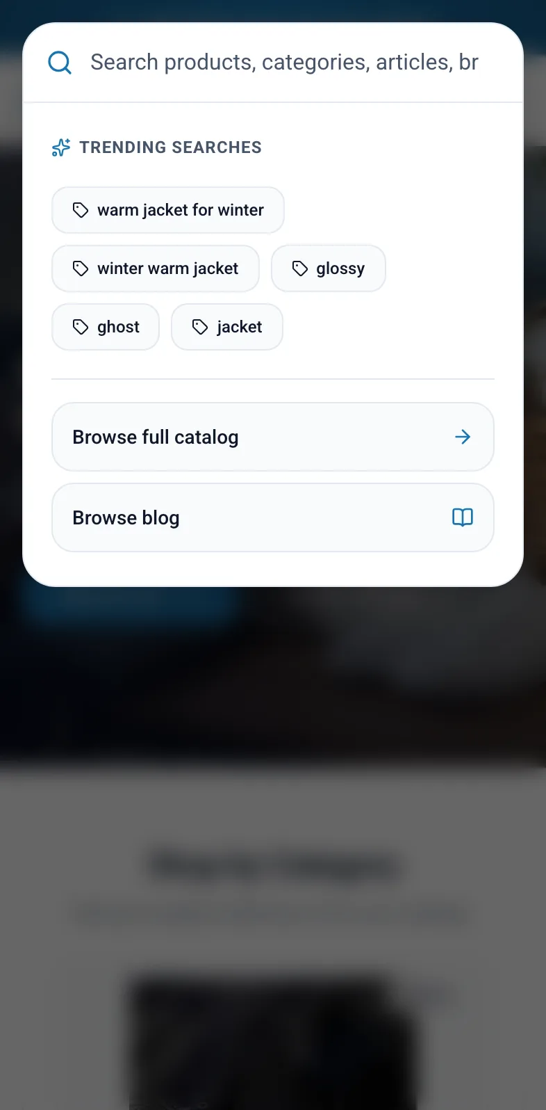 Search window with trending searches on mobile