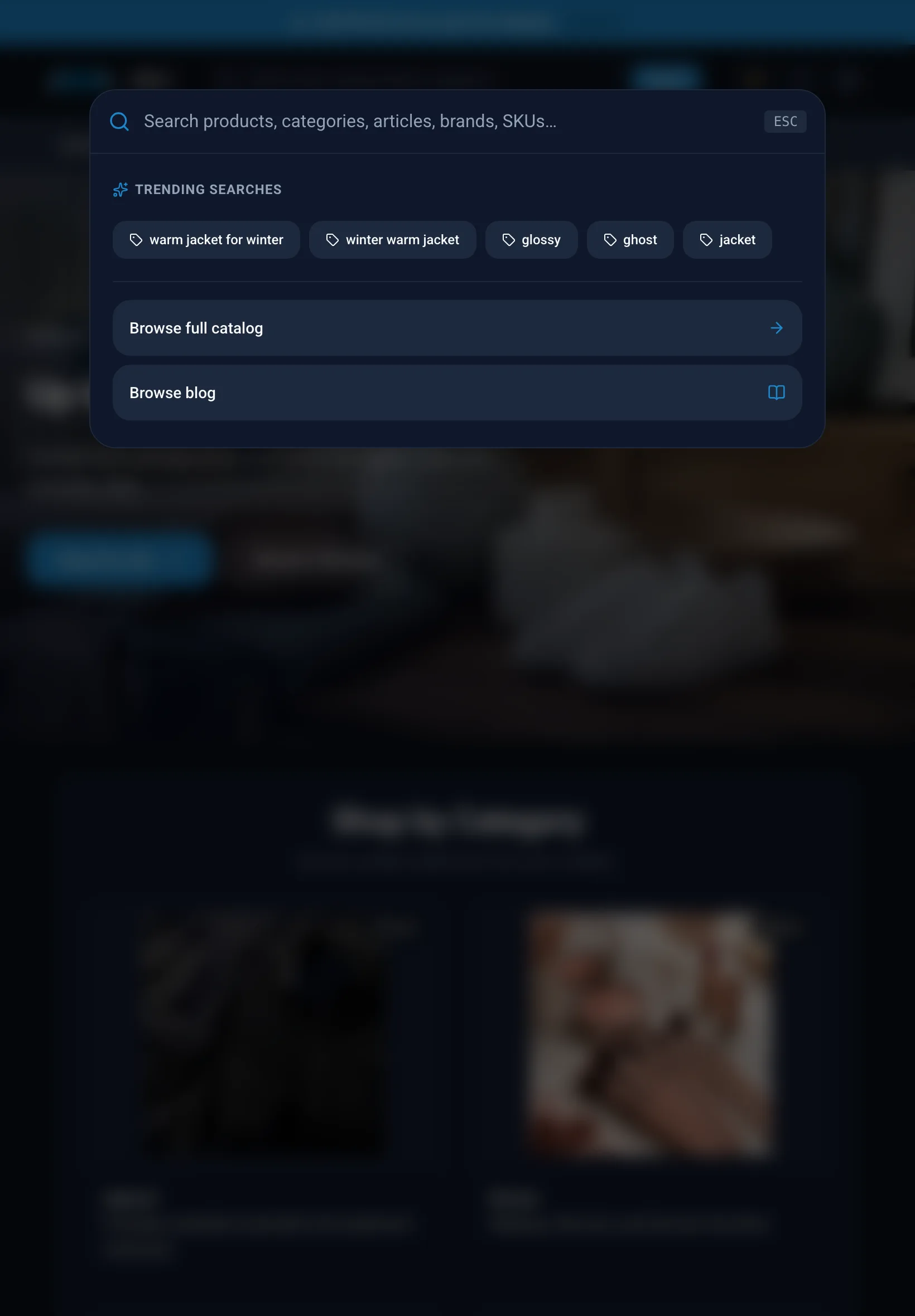 Search window with trending searches on tablet in dark mode