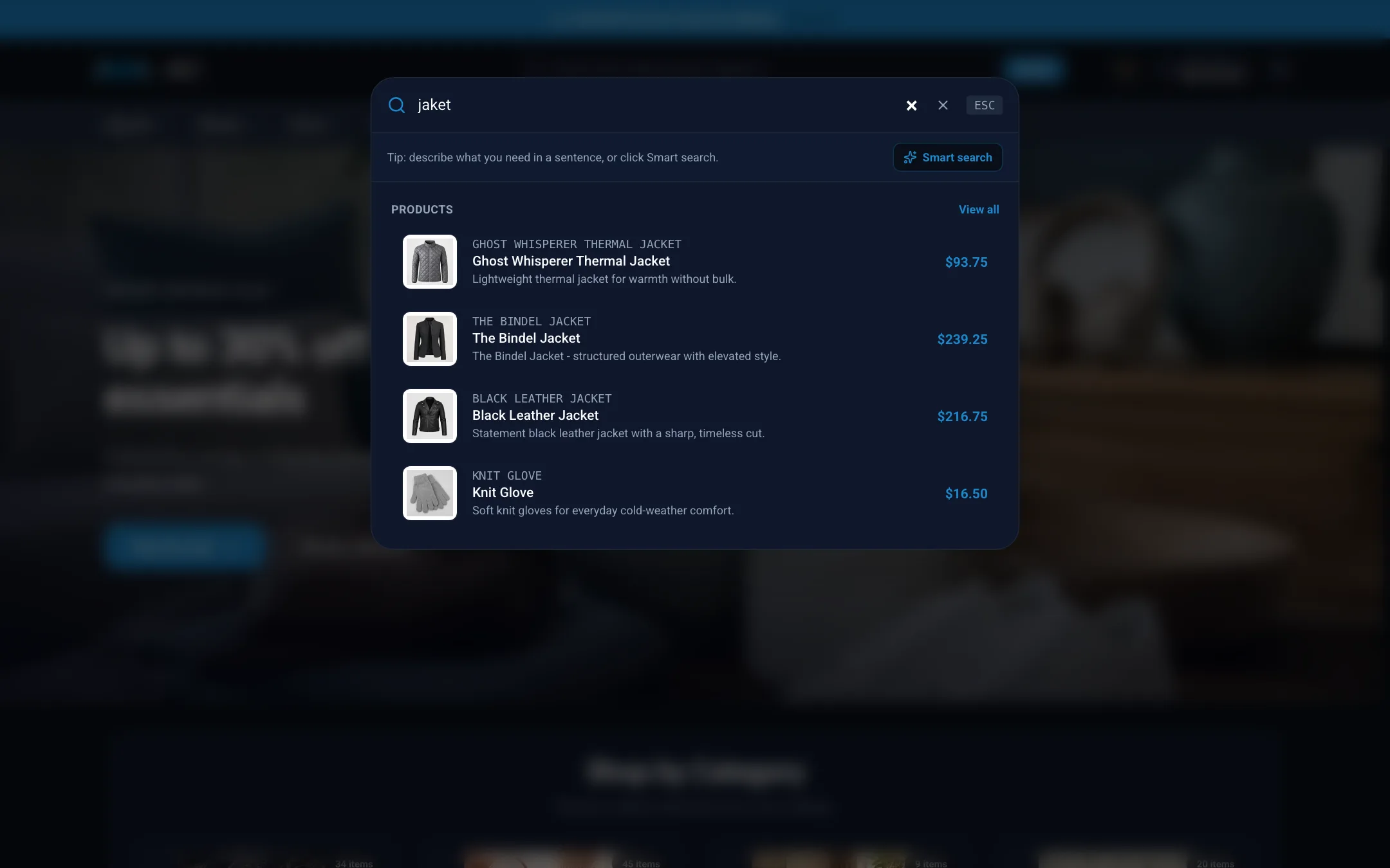 Search window finding jackets for the misspelled query jaket on desktop in dark mode