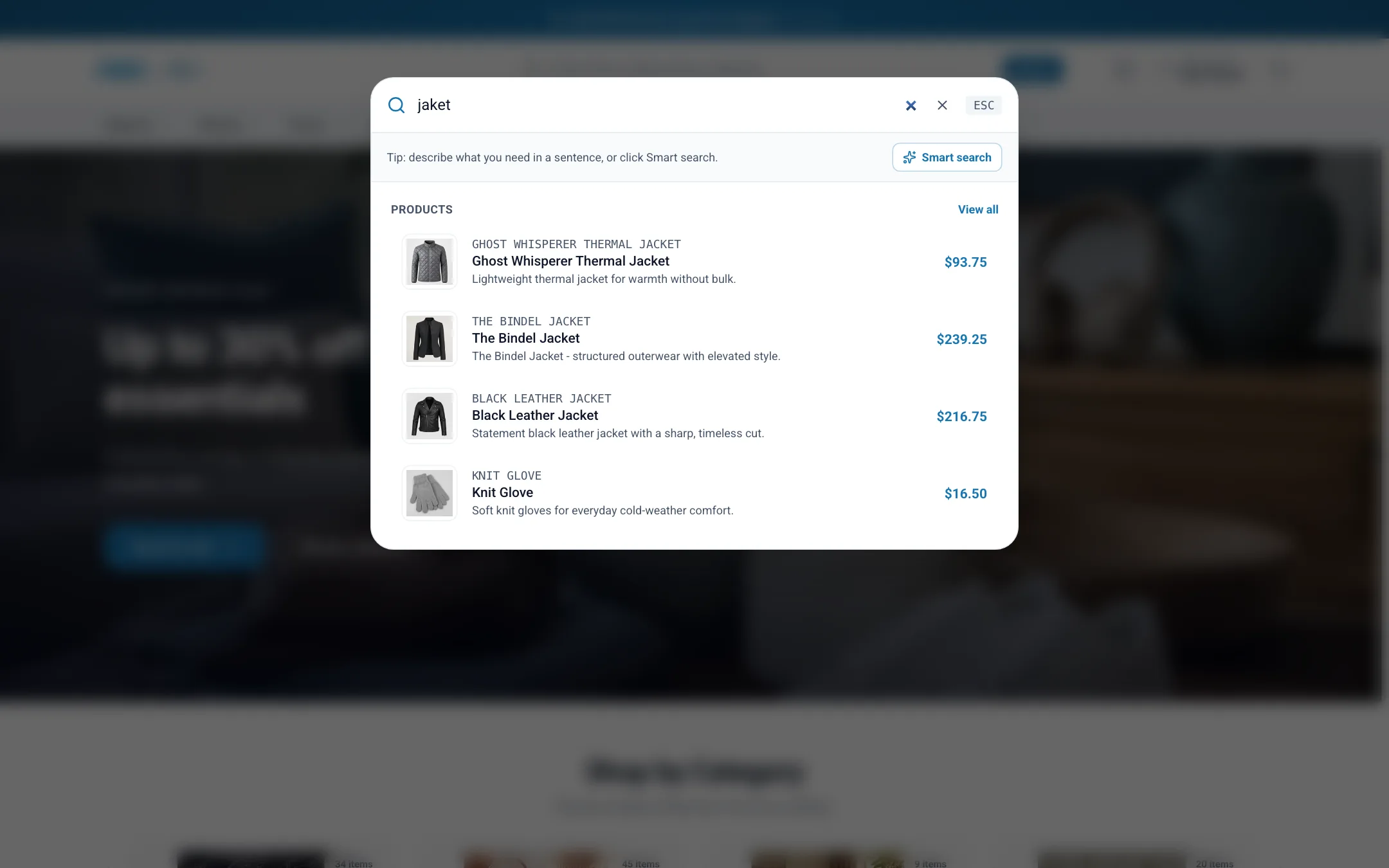 Search window finding jackets for the misspelled query jaket on desktop