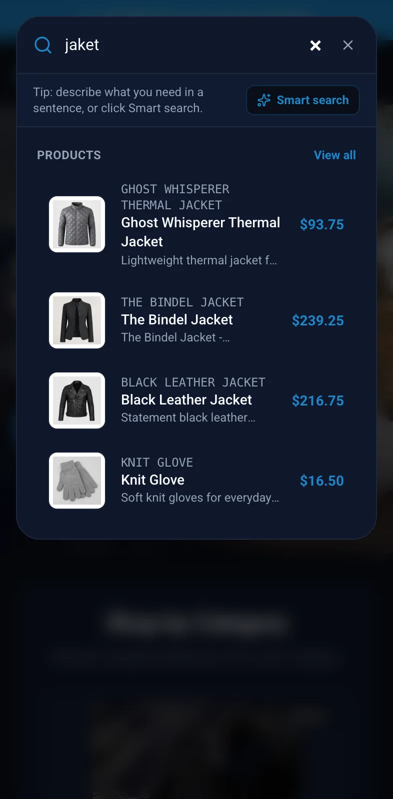 Search window finding jackets for the misspelled query jaket on mobile in dark mode