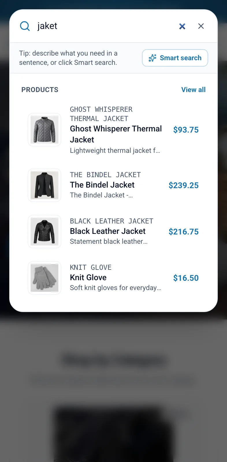 Search window finding jackets for the misspelled query jaket on mobile