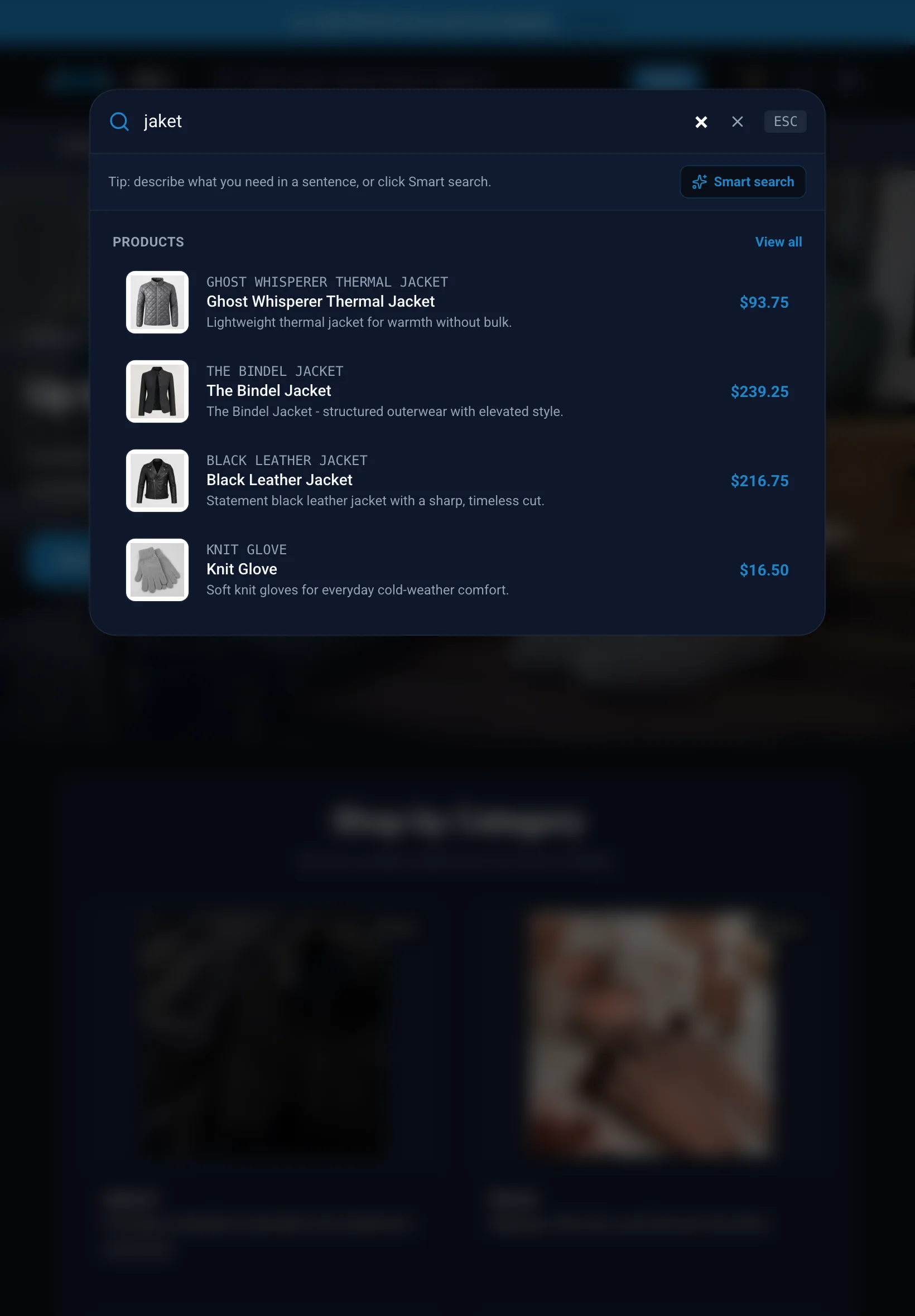 Search window finding jackets for the misspelled query jaket on tablet in dark mode