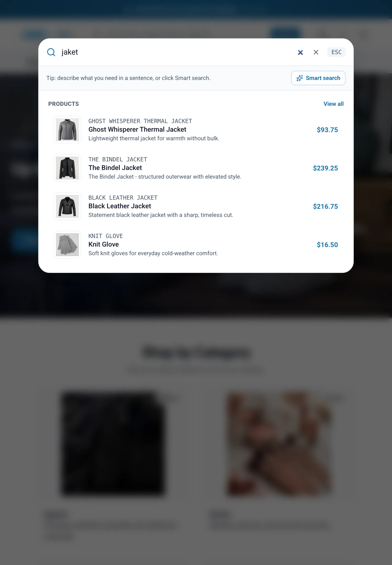 Search window finding jackets for the misspelled query jaket on tablet