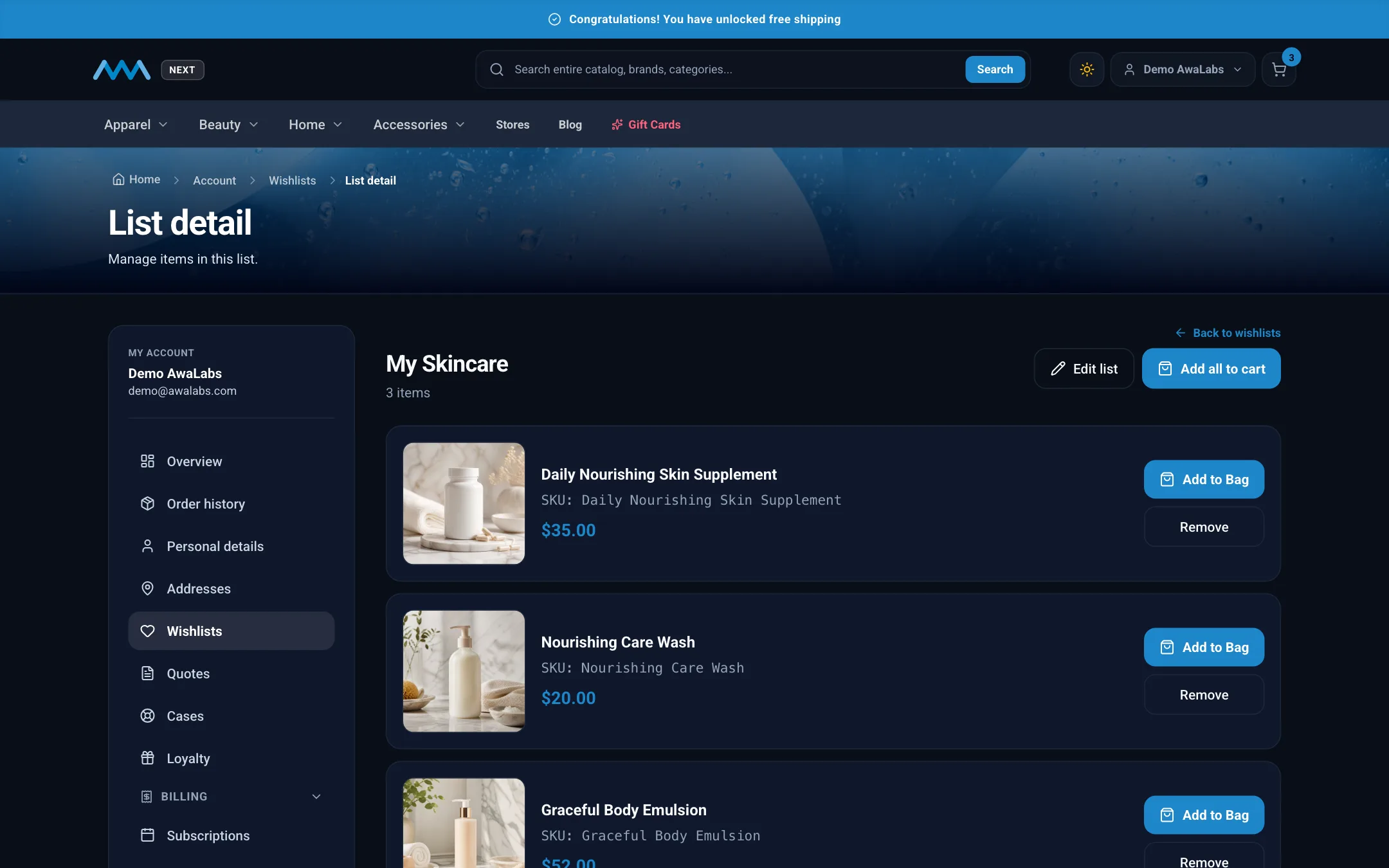Saved products in a wishlist in My Account on desktop in dark mode