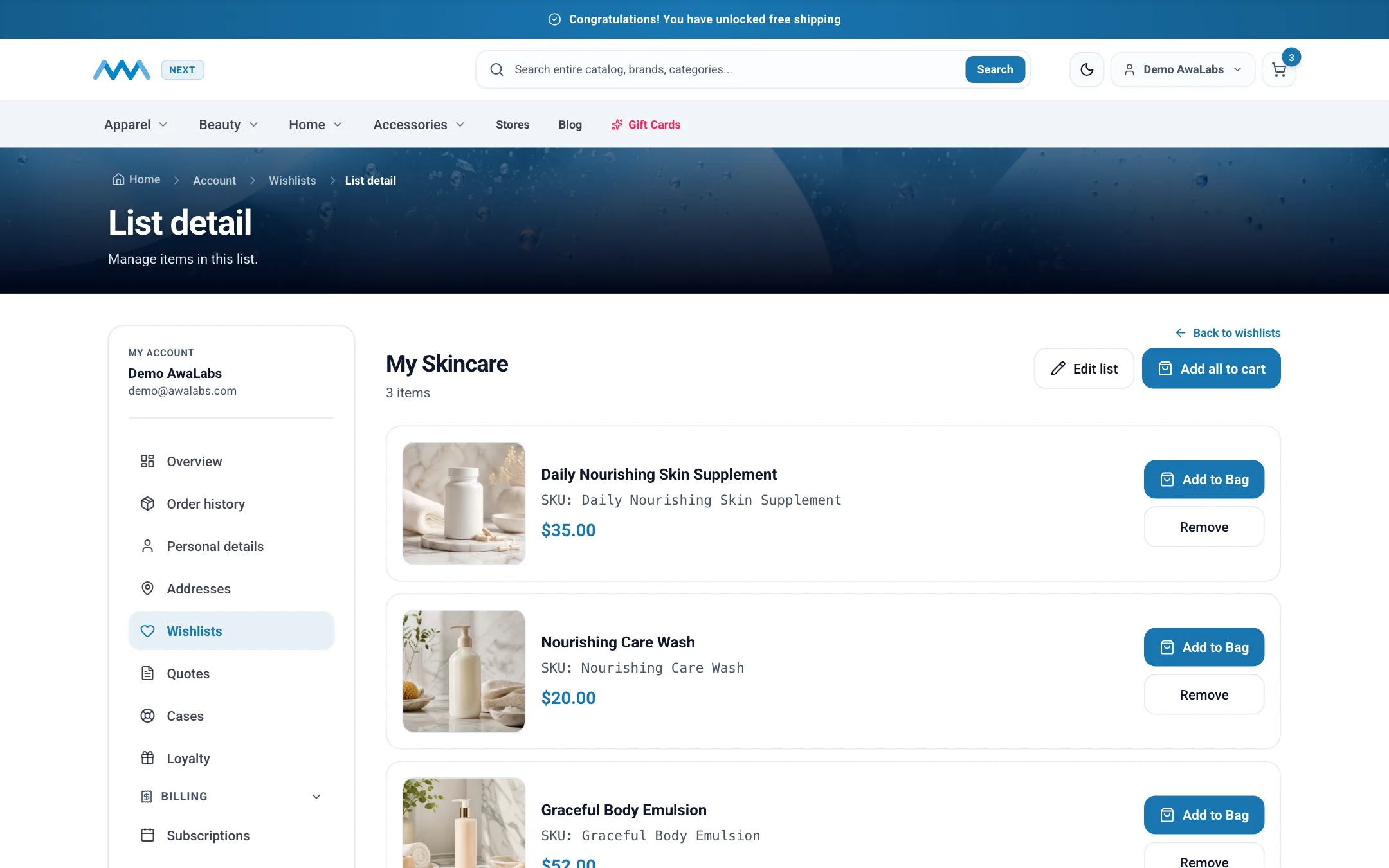 Saved products in a wishlist in My Account on desktop