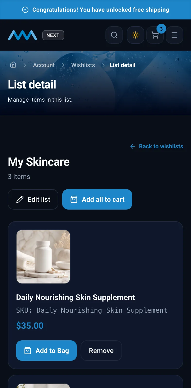 Saved products in a wishlist in My Account on mobile in dark mode