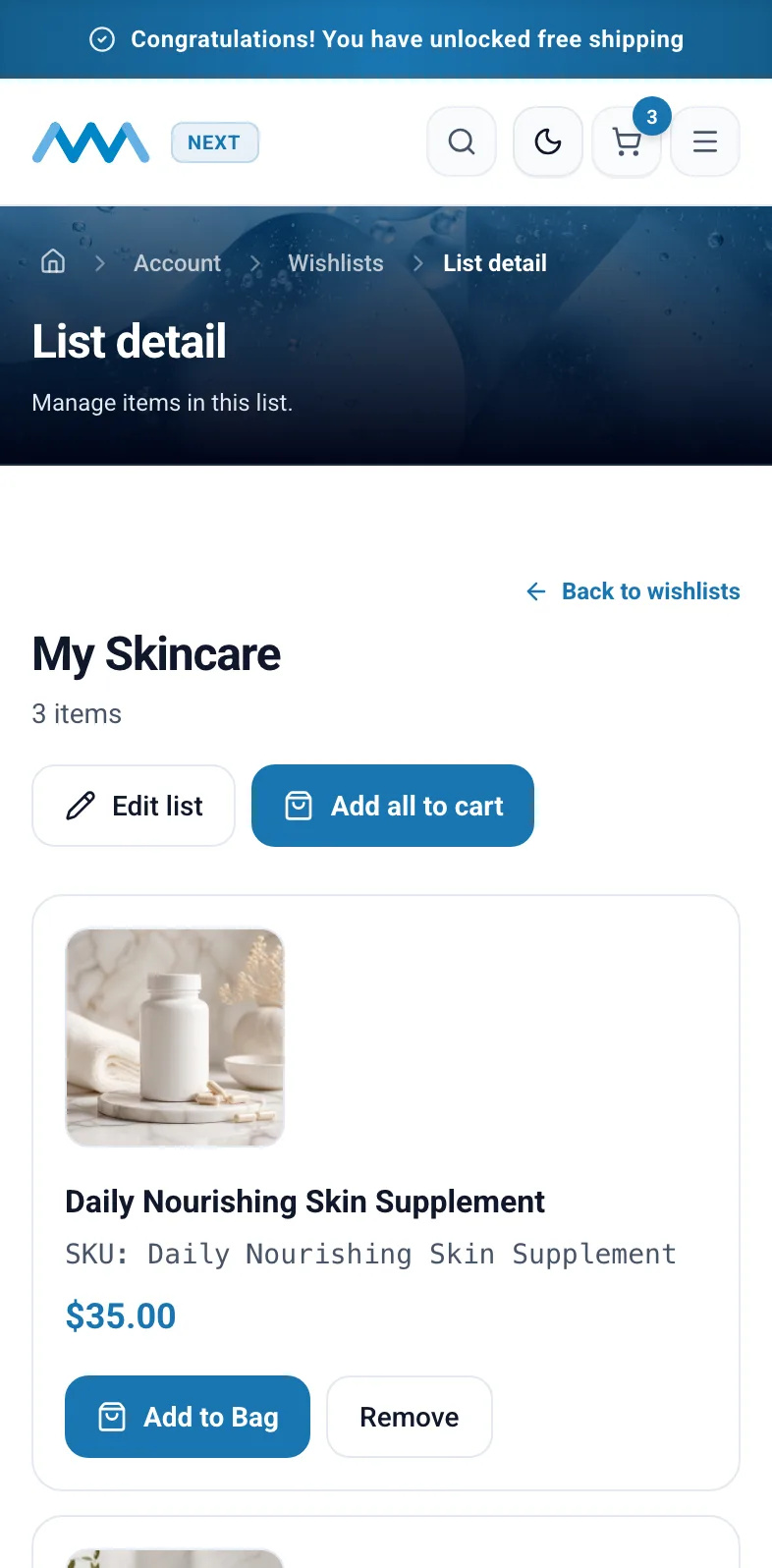 Saved products in a wishlist in My Account on mobile