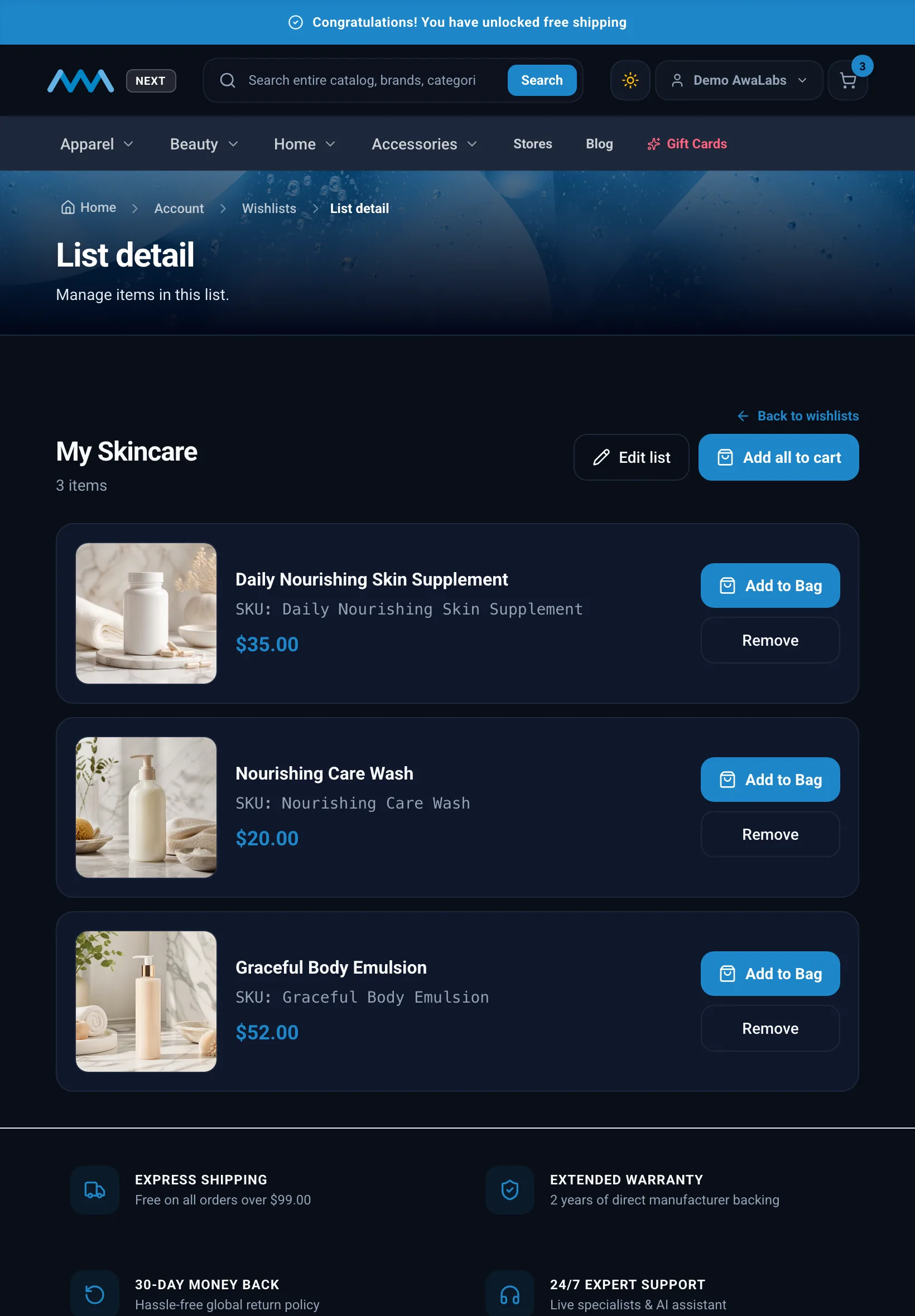 Saved products in a wishlist in My Account on tablet in dark mode