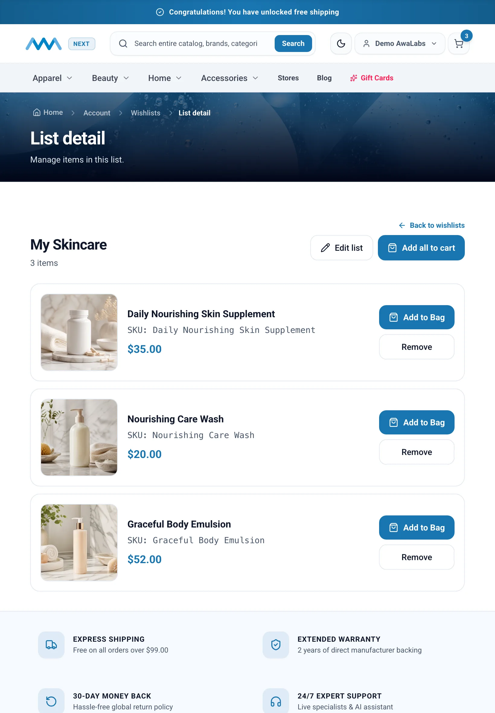 Saved products in a wishlist in My Account on tablet